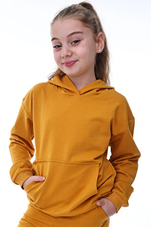 Basic Kapüşonlu Şardonlu Kanguru Cep Detaylı Çocuk Sweatshirt 3-10 Yaş Pudra