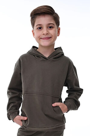 Basic Kapüşonlu Şardonlu Kanguru Cep Detaylı Çocuk Sweatshirt 3-10 Yaş Pudra
