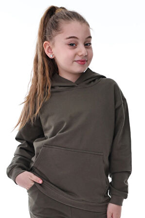 Basic Kapüşonlu Şardonlu Kanguru Cep Detaylı Çocuk Sweatshirt 3-10 Yaş Pudra