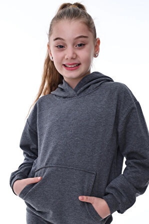 Basic Kapüşonlu Şardonlu Kanguru Cep Detaylı Çocuk Sweatshirt 3-10 Yaş Pudra