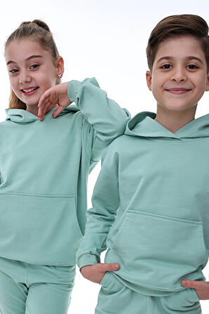 Basic Kapüşonlu Şardonlu Kanguru Cep Detaylı Çocuk Sweatshirt 3-10 Yaş Pudra