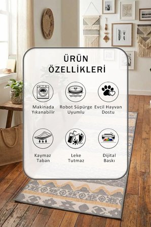 Rinanay Yıkanabilir Kaymaz Taban Dijital Baskılı Yolluk Halı Bej