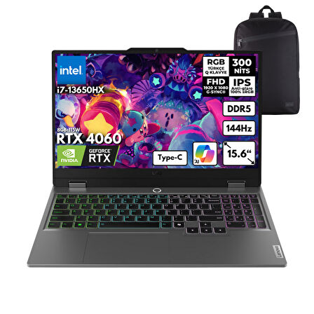 Lenovo LOQ i7 13650HX 32-GBDDR5 1 TBSSD RTX4060 (8GB-115W) 15.6" FHD 144Hz Windows 11 Home + HMF Sırt Çantası 83DV00WVTRHMF42
