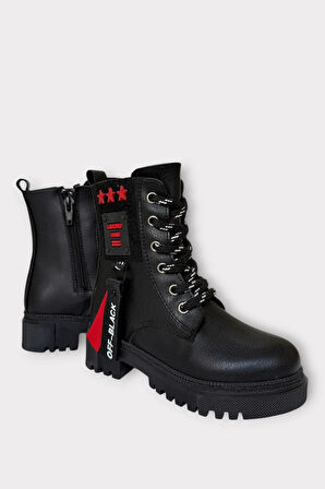 İçi Kürklü Fermuarlı Kız Çocuk Bot SİYAH - KIRMIZI