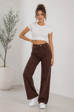 Nova Kadın Yüksek Bel Kaahverengi Salaş Jeans Wide Leg Geniş Paça Palazzo Kot Pantolon