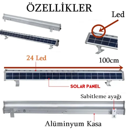  100cm Güneş Enerjili Solar Led Lamba - 24 Ledli Duvar Lambası - Büyük SOLAR Aplik