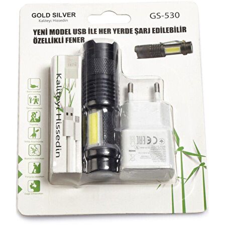 Gold Silver Gs-530 Usb Ile şarj Edilebilir T6 Led El Feneri