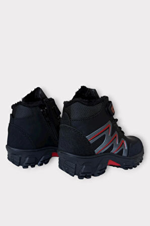 İçi Kürklü Soğuk ve Suya Dayanıklı Fermuarlı Çocuk Bot SİYAH - KIRMIZI