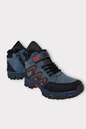 İçi Kürklü Soğuk ve Suya Dayanıklı Fermuarlı Çocuk Bot MAVİ - KIRMIZI