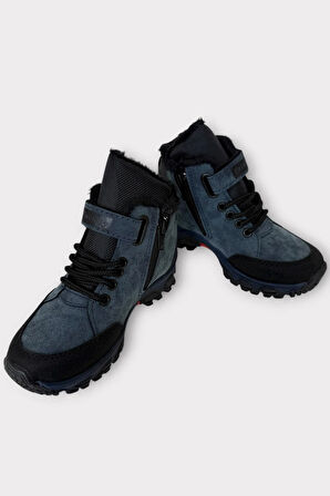 İçi Kürklü Soğuk ve Suya Dayanıklı Fermuarlı Çocuk Bot MAVİ - KIRMIZI