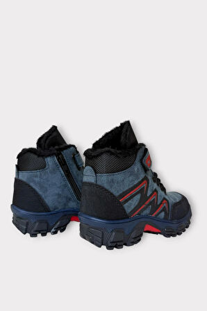 İçi Kürklü Soğuk ve Suya Dayanıklı Fermuarlı Çocuk Bot MAVİ - KIRMIZI