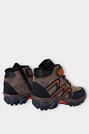 İçi Kürklü Soğuk ve Suya Dayanıklı Fermuarlı Çocuk Bot KAHVERENGİ - TURUNCU