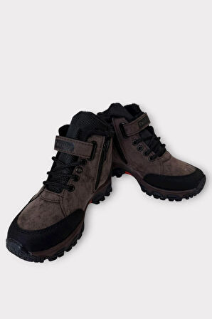 İçi Kürklü Soğuk ve Suya Dayanıklı Fermuarlı Çocuk Bot KAHVERENGİ - TURUNCU