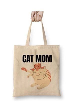 Cat Mom Gifts Kedi Annesi Beyaz Bez Çanta Uzun Saplı Alışveriş Çantası Plaj Çantası