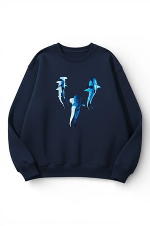 Unisex Yumuşak Dokulu Safir Balina Baskılı Tasarım Oversize 3 İplik Bisiklet Yaka Sweatshirt