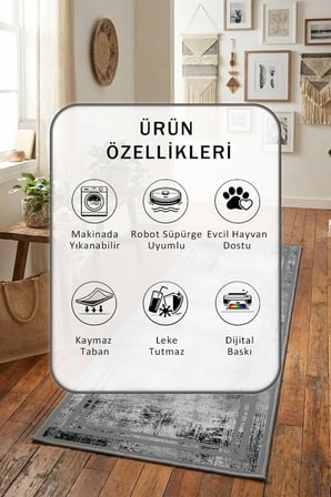 Yıkanabilir Kaymaz Ehl-35 Dijital Baskılı Yolluk Halı Tüy Tutmaz
