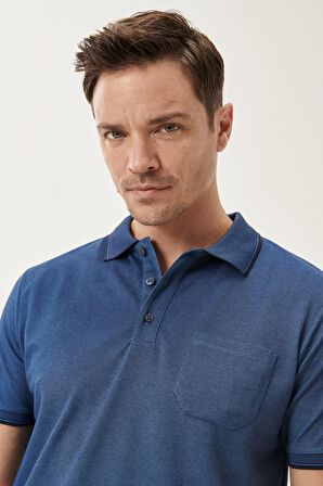 Erkek Çekmeyen Pamuklu Kumaş Regular Fit Geniş Kesim Laci-indigo Kıvrılmaz Polo Yaka Cepli Tişört