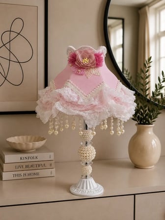 Pembe Kadife Kaplı El Yapımı Çiçekli Model İnci Ayaklı Klasik Model Abajur 50x30cm