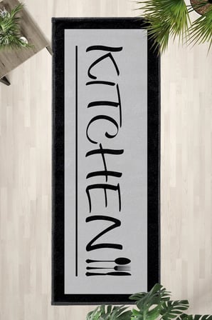 Kitchen Acık Gri Siyah Kenar Siyah Mutfak Tezgah Önü Yıkanabilir Dijital Baskılı Halı