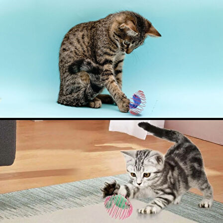 CELİK AVM® Yaylı Metal Fareli Kafes Kedi Oyun Topu Sıçrayan Spiral Kedi Topu