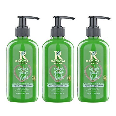 Radical Color NEW 25/Greenapple Amonyaksız Su Bazlı Saç Boyası 250 ML 3 Adet Yeşil Elma