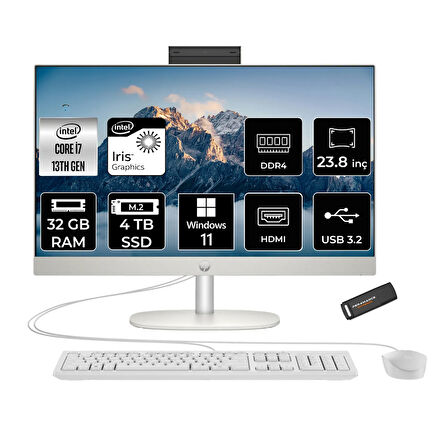 HP ProOne 240 G10 i7 1355U 32GB 4TB SSD Iris Xe Graphics 23.8" FHD W11P All In One PC Beyaz & PER4