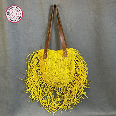 Uretti - Ayşe 4723 El Örgüsü Püsküllü Kağıt İp Kadın Omuz Çantası