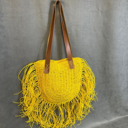 Uretti - Ayşe 4723 El Örgüsü Püsküllü Kağıt İp Kadın Omuz Çantası