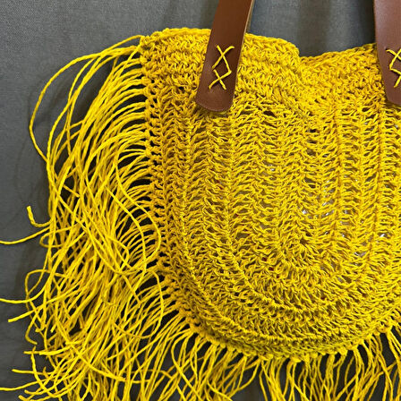 Uretti - Ayşe 4723 El Örgüsü Püsküllü Kağıt İp Kadın Omuz Çantası