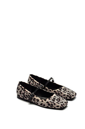 Kadın Tokalı Leopar Desen Yuvarlak Burun Taş İşlemeli Babet Ev Ayakkabısı 9225