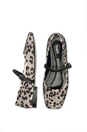 Kadın Tokalı Leopar Desen Yuvarlak Burun Taş İşlemeli Babet Ev Ayakkabısı 9225