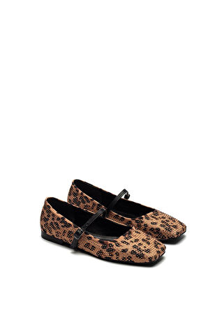 Kadın Tokalı Leopar Desen Yuvarlak Burun Taş İşlemeli Babet Ev Ayakkabısı 9225