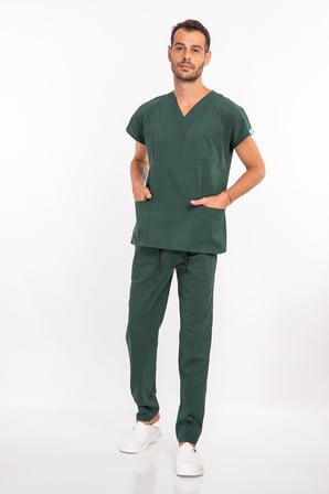Unisex Ördekbaşı Yeşili Esnek  Likralı Doktor Hemşire Scrubs Cerrahi Alt Üst Takım