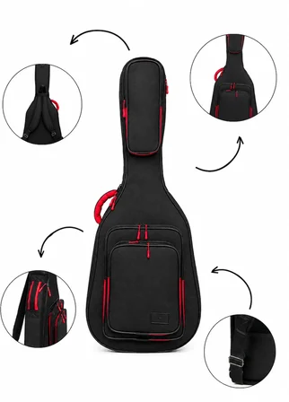 PROFESYONEL GİGBAG KALIN AKUSTİK GİTAR KILIFI-ÇANTASI - SİYAH - KIRMIZI 1900 DENYE LÜX KUMAŞ - %100 SU GEÇİRMEZ