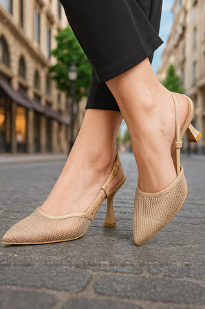 Günlük Kadın Fileli Arkası Açık Ayarlanabilir Tokalı İnce Topuklu Abiye Ayakkbı 923