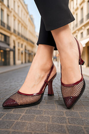 Günlük Kadın Fileli Arkası Açık Ayarlanabilir Tokalı İnce Topuklu Abiye Ayakkbı 923