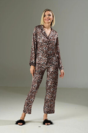 Litae Leopar Desen Yumuşak Dokulu Saten Gecelik Takımı