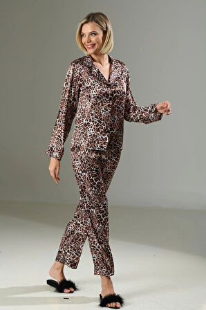 Litae Leopar Desen Yumuşak Dokulu Saten Gecelik Takımı