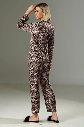 Litae Leopar Desen Yumuşak Dokulu Saten Gecelik Takımı