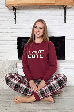 Kadın Bisiklet Yaka Bilek Manşet/Lastikli 2 İplik Pamuk Cepli Kışlık Jogger Eşofman Pijama Takımı