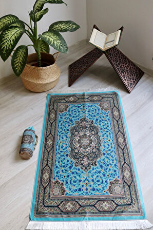 Pratik Ve Taşınabilir Ipek Dokulu Keseli Seccade Mavi Renkli S10018