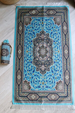 Pratik Ve Taşınabilir Ipek Dokulu Keseli Seccade Mavi Renkli S10018