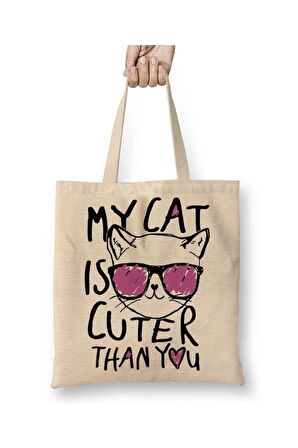 My Cat Is Cuter Than You Kedi Beyaz Bez Çanta Uzun Saplı Alışveriş Çantası Plaj Çantası