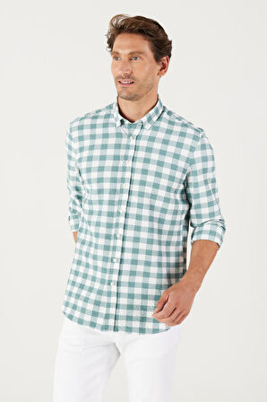 Erkek Beyaz-yeşil Slim Fit Dar Kesim Düğmeli Yaka Kareli Gömlek