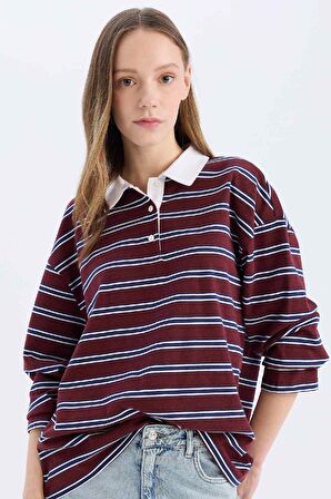 DeFacto Coool Loose Fit Çizgili Polo Yaka Uzun Kollu Tişört E4917AX25SPBR210