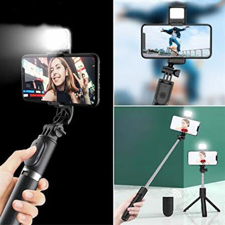 Periboia® Kendiliğinden Işıklı Masaüstü Tripod Olabilen Telefon Tutuculu Kablosuz Kumandalı Selfie Çubuğu