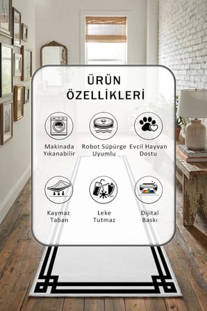 Klasik Beyaz Siyah Dijital Baskılı Kaymaz Yıkanabilir Yolluk - Leke Tutmaz Beyaz Siyah