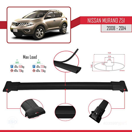 Nissan Murano 2 (Z51) 2008-2014 Arası ile Uyumlu FLY Model Ara Atkı Tavan Barı Siyah 2 Adet