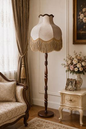 Vizon Kadife Başlık Kahve Ahşap Ayaklı Lambader Vintage Model 170x45cm