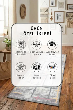 Lina Modern Dijital Baskı Yıkanabilir Kaymaz Yolluk Halı